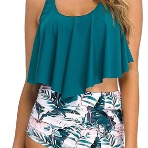 Women’s High Waisted Teal and Floral Tankini Swimsuit Swim Wear Size XS